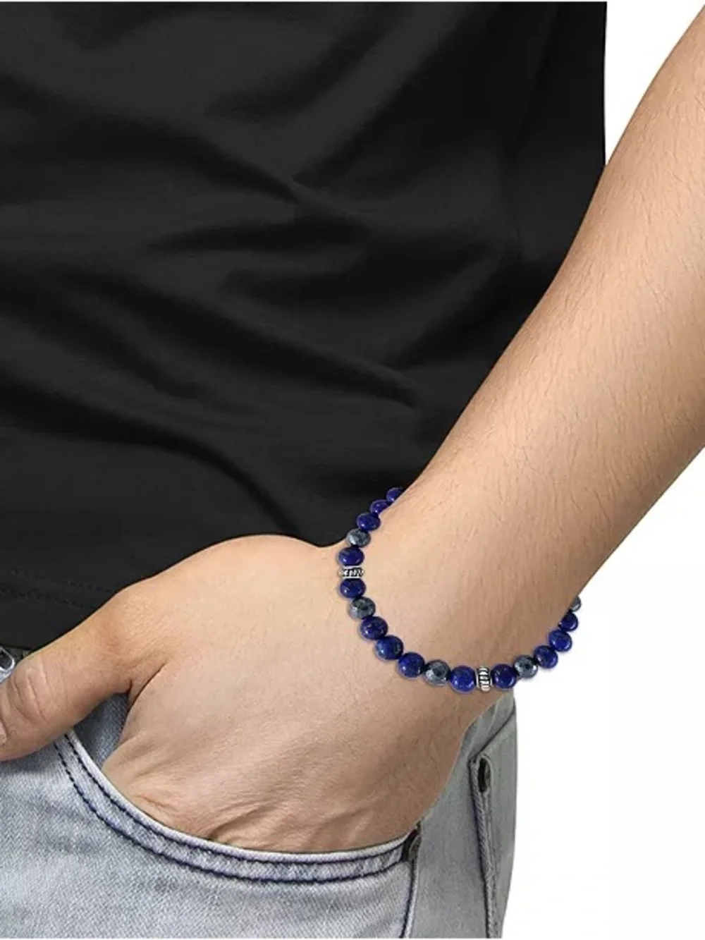 EFFY Sterling Silver Men's Lapiz Lazuli & Hematite Bead Stretch Bracelet